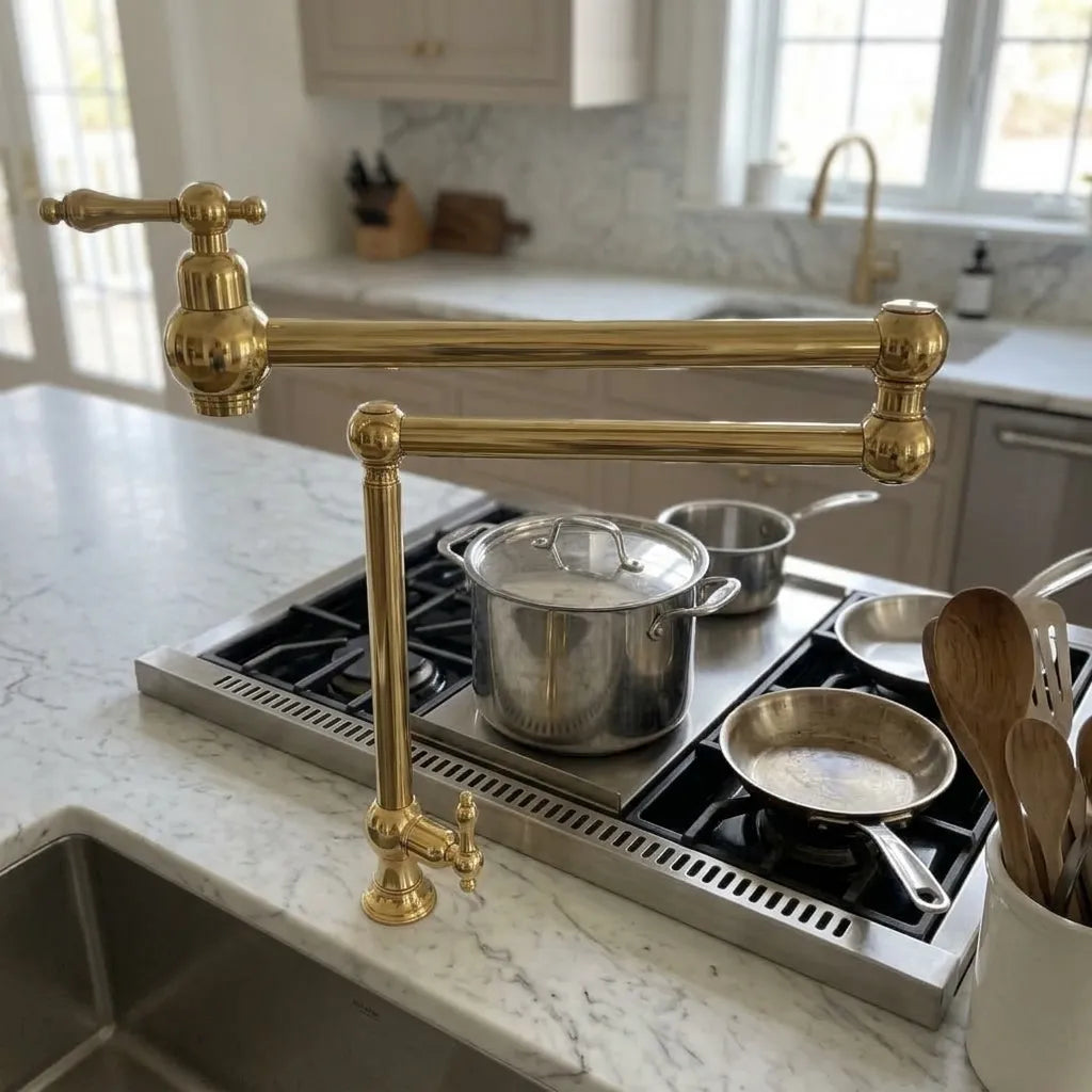 A polished brass undermount sink faucet with a tall cross-handle and matching lower spout, installed on a white marble kitchen countertop above a gas stovetop with pots and pans.
