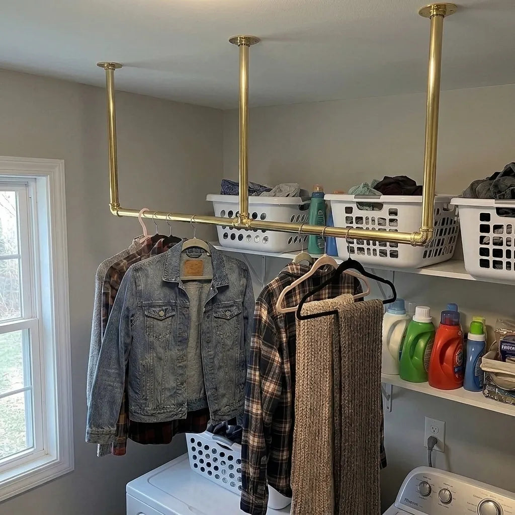 Solid brass laundry clothes rail with ceiling supports