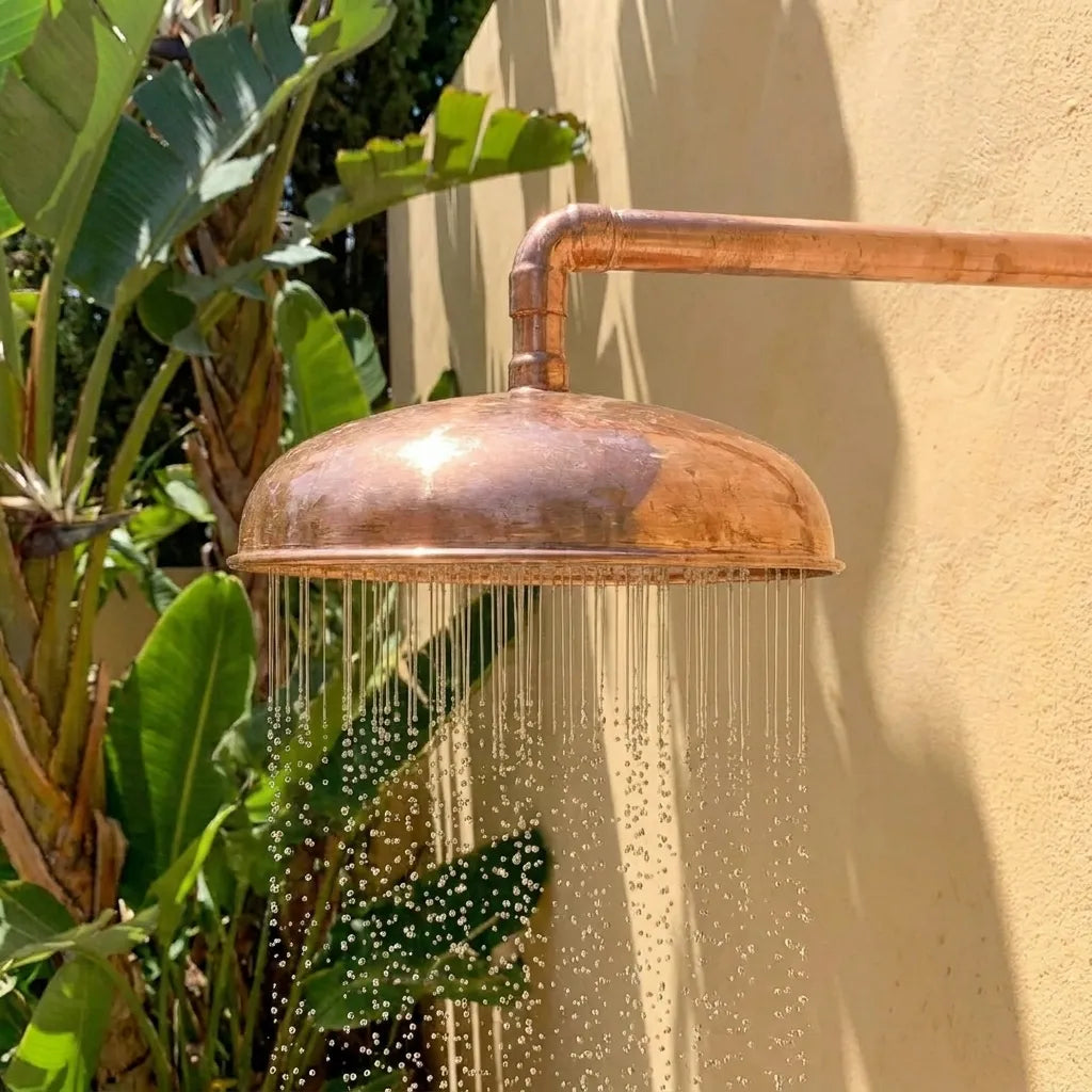 Handmade Copper Outdoor Shower Featuring Large Round Rainfall Shower Head