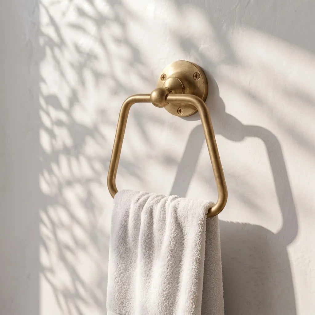 Geometric Brass Hand Towel Holder with Rounded Trapezoid Design