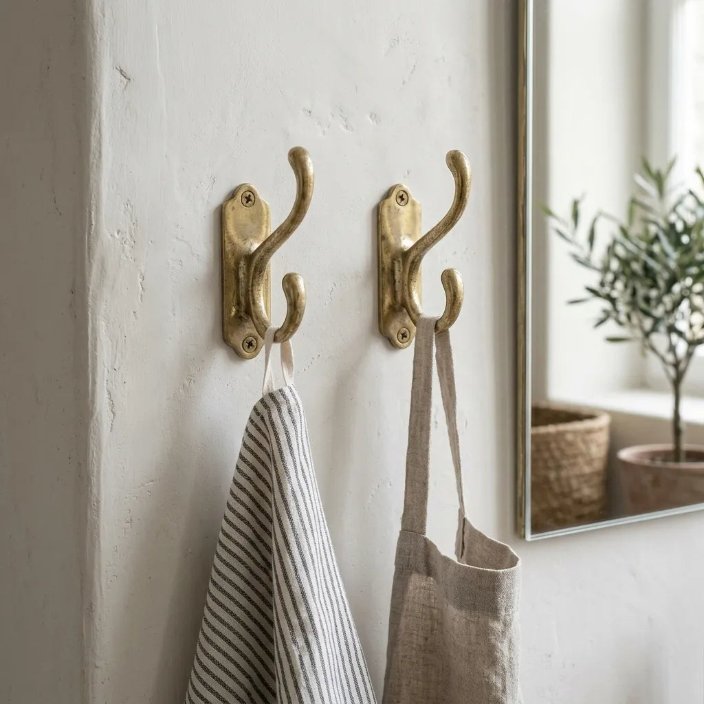 Decorative brass double robe hook with vintage backplate for bathroom, closet, or entryway organization.