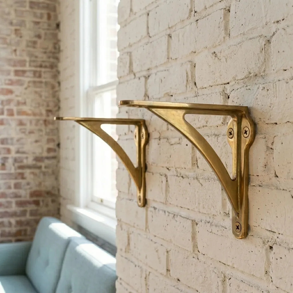 Solid brass shelf brackets mounted on an exposed brick wall, designed to support custom shelving in kitchens, libraries, and living spaces