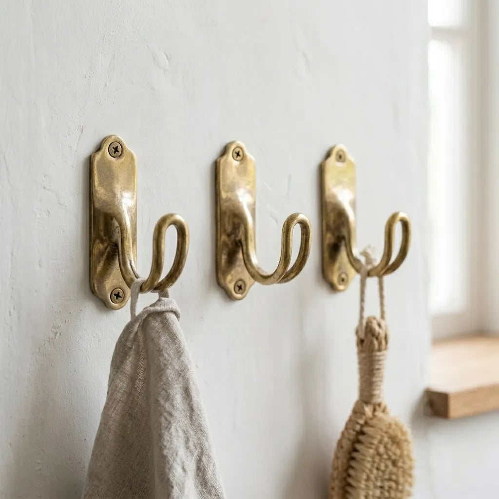 Curved brass utility hook with elegant scroll design installed on a white wall for hanging towels and garments.