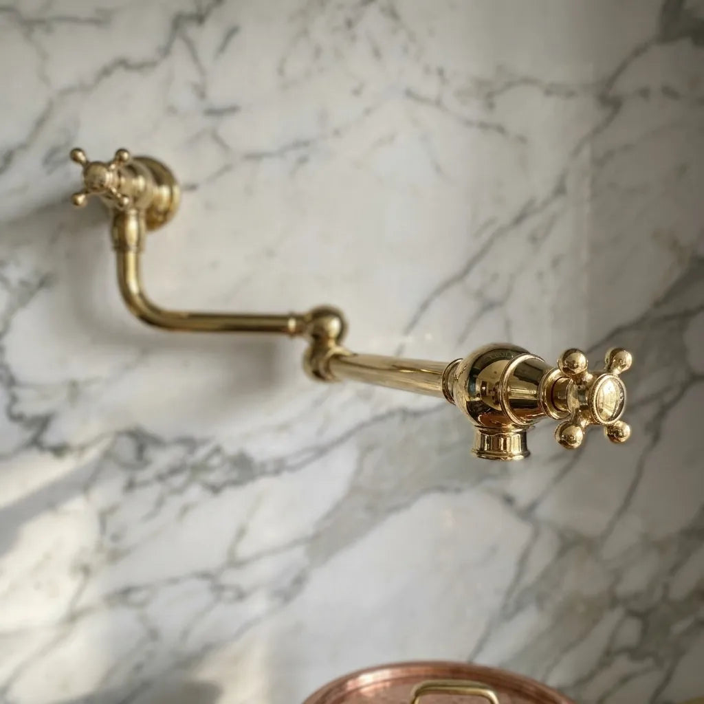 Vintage-style brass stove pot filler with dual valves and articulated arm