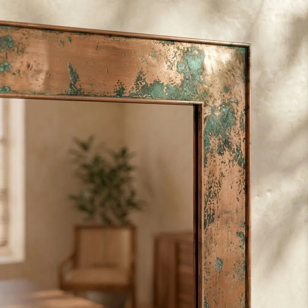 Rectangular Verdigris Copper Mirror Featuring Artisan Oxidized Metal Frame