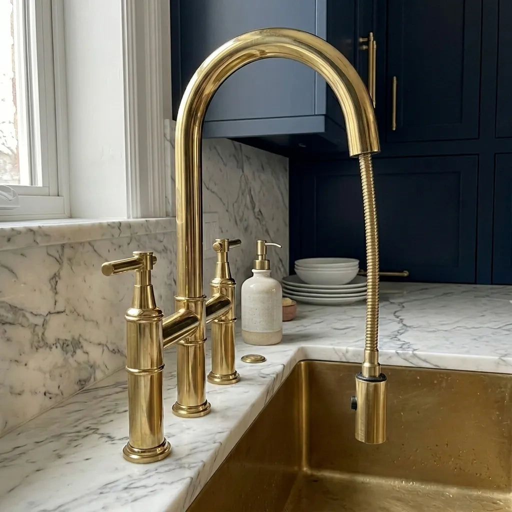 A polished brass bridge faucet with a high-arc spout and separate hot and cold handles, installed on a white marble kitchen countertop next to a matching brass sink.