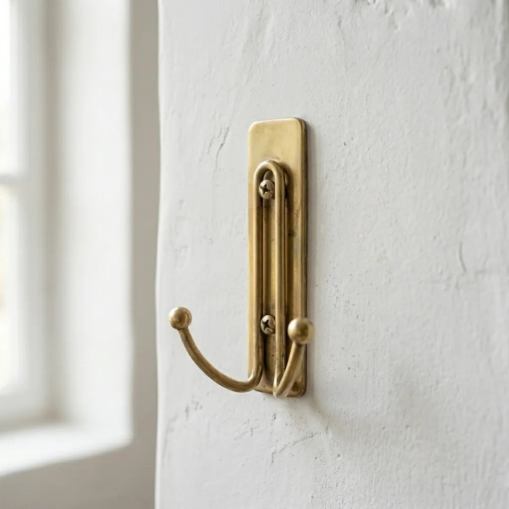Solid brass double wall hook with minimalist backplate for hanging towels, robes, coats, and bags.