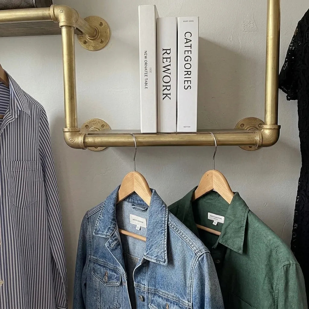 Open brass wardrobe storage system for dressing room