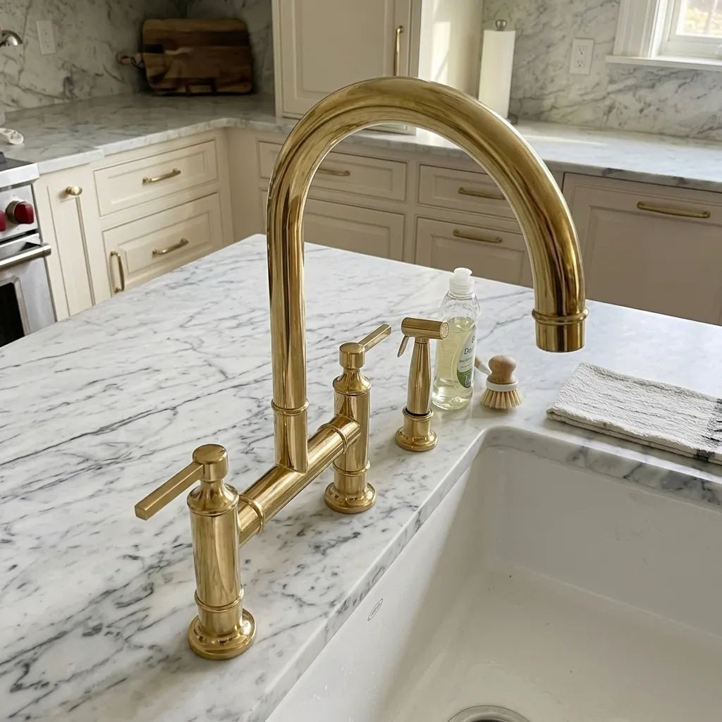 A polished brass three-hole bridge faucet with a high-arc spout and lever handles, installed on a white and gray marble kitchen island countertop next to a white sink.