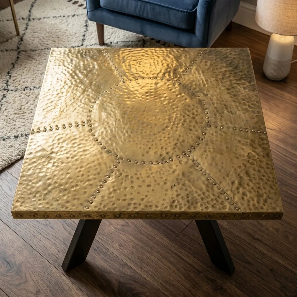 Hand-hammered polished brass coffee table with black steel base