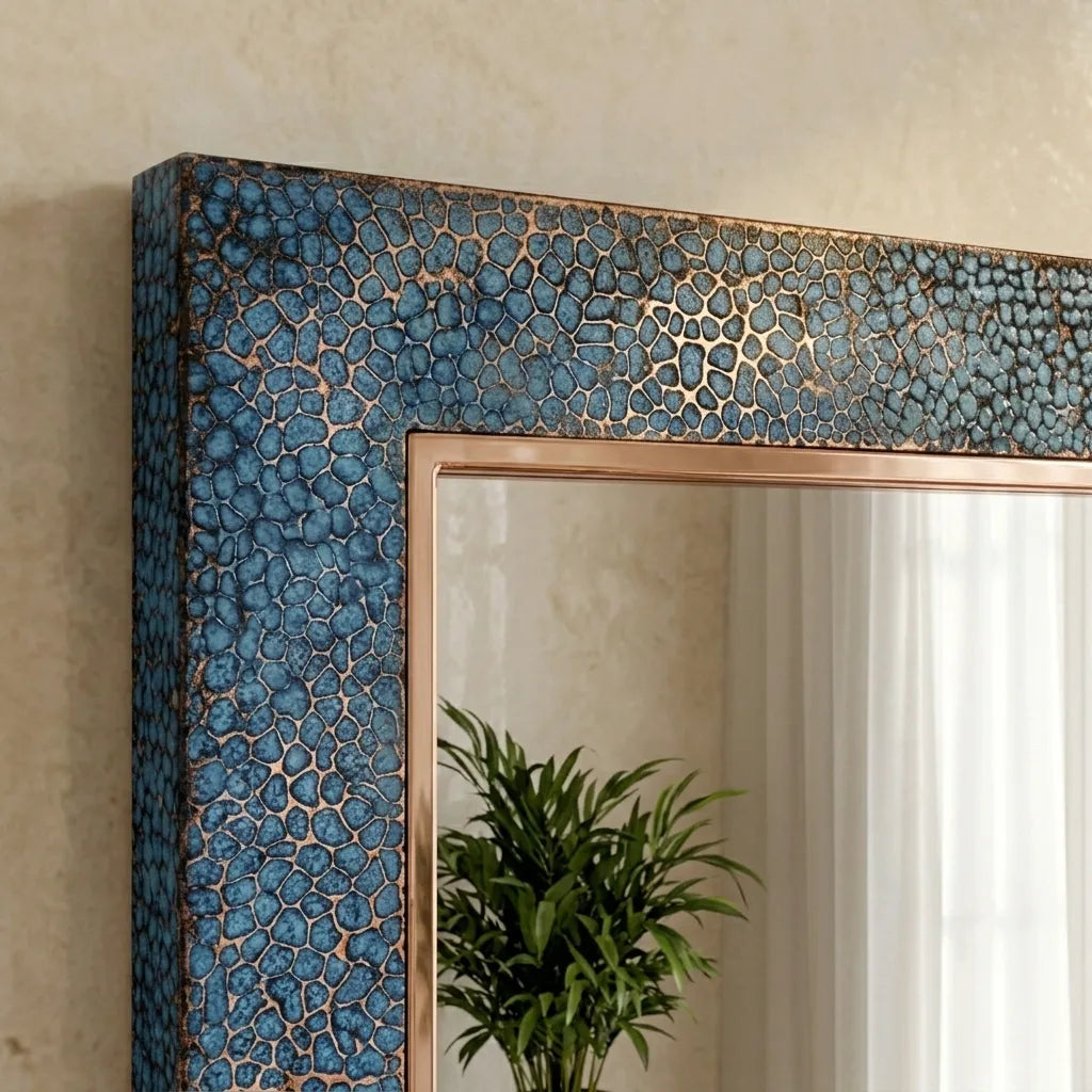 Rectangular Copper Framed Mirror with Textured Verdigris Finish for Bathroom Vanity