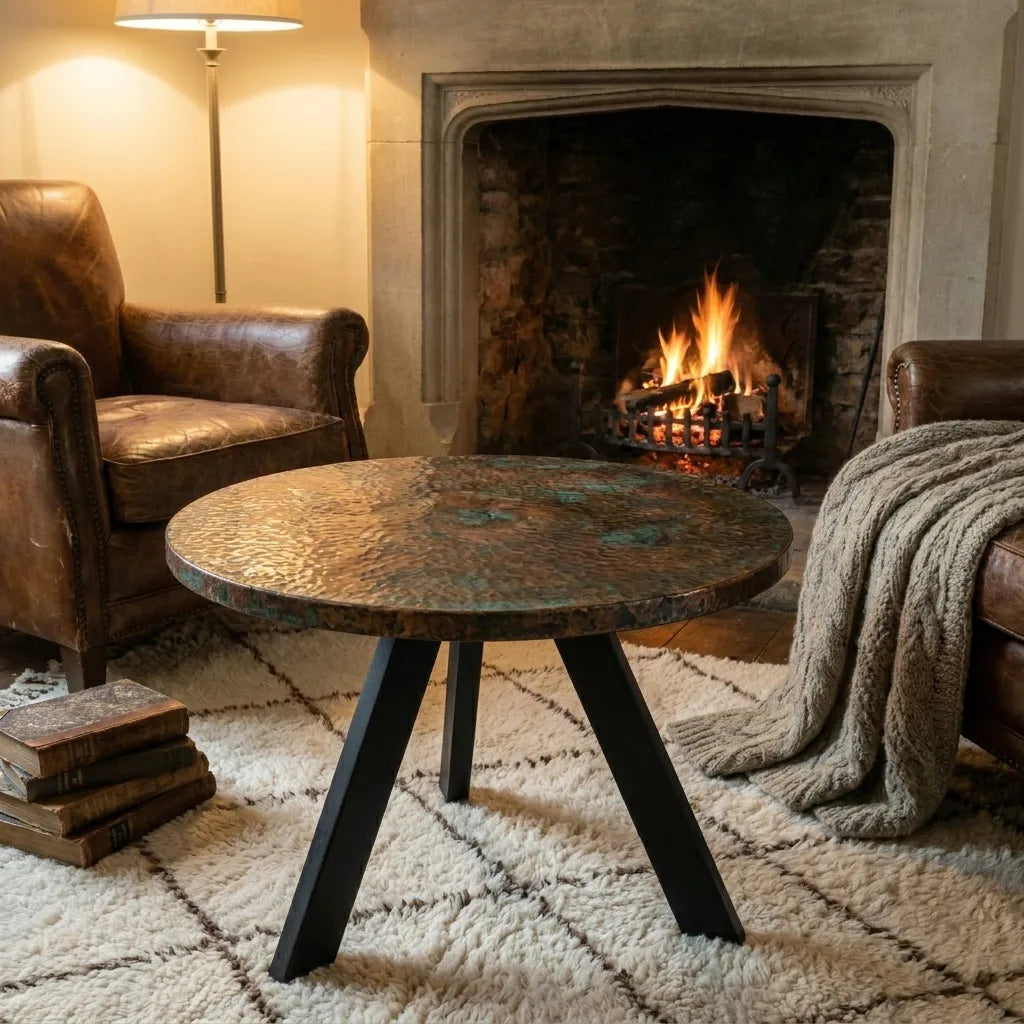 Handmade Round Copper Accent Table Featuring Green Patina and Textured Metal Surface