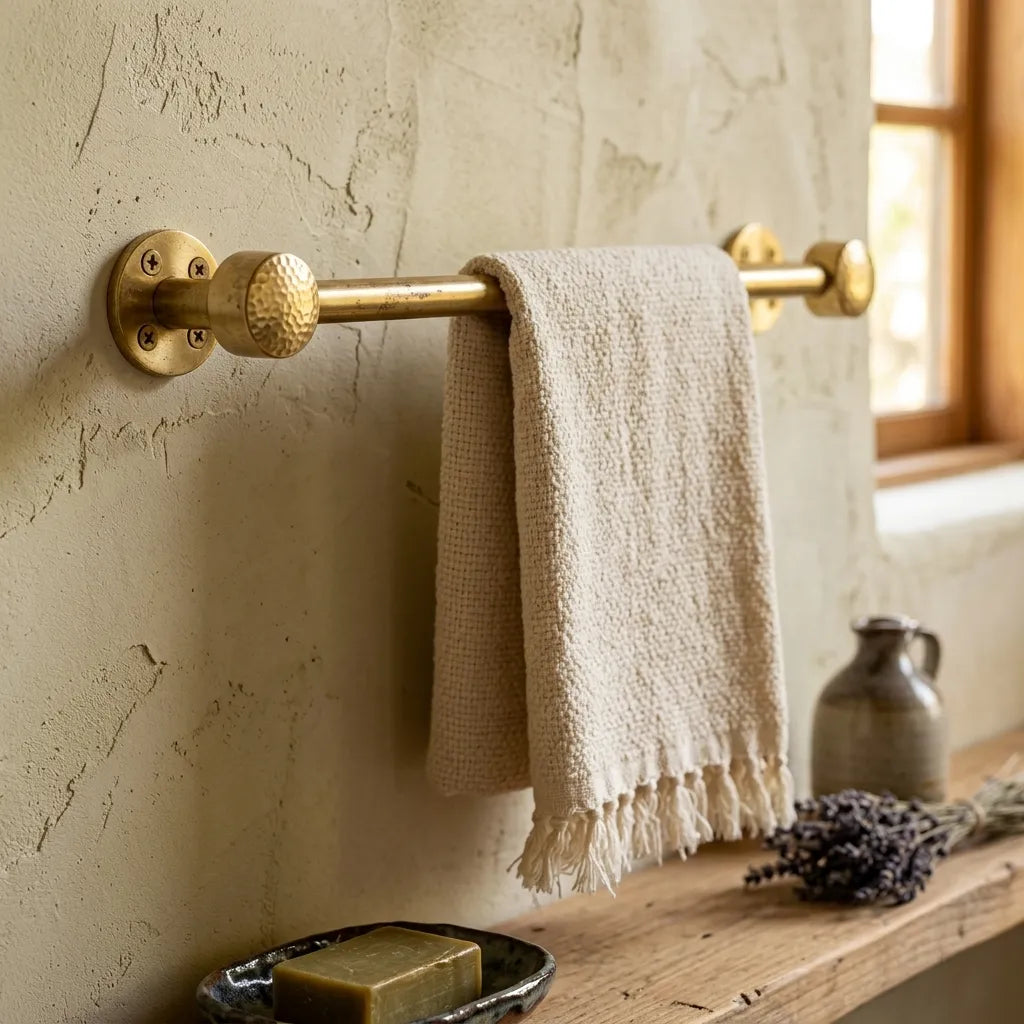 Minimalist brass wall towel holder with artisan hammered details