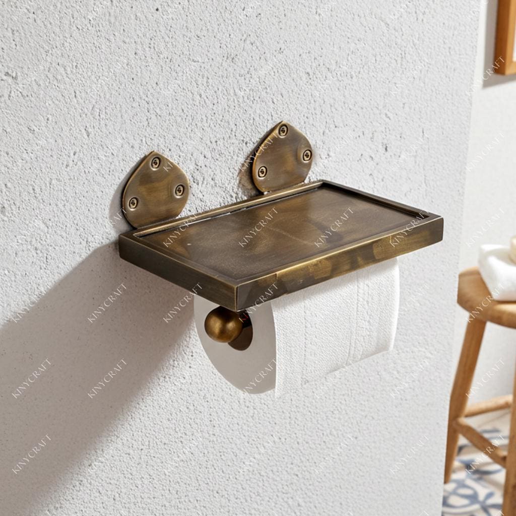 Handmade brass toilet roll holder with top storage tray