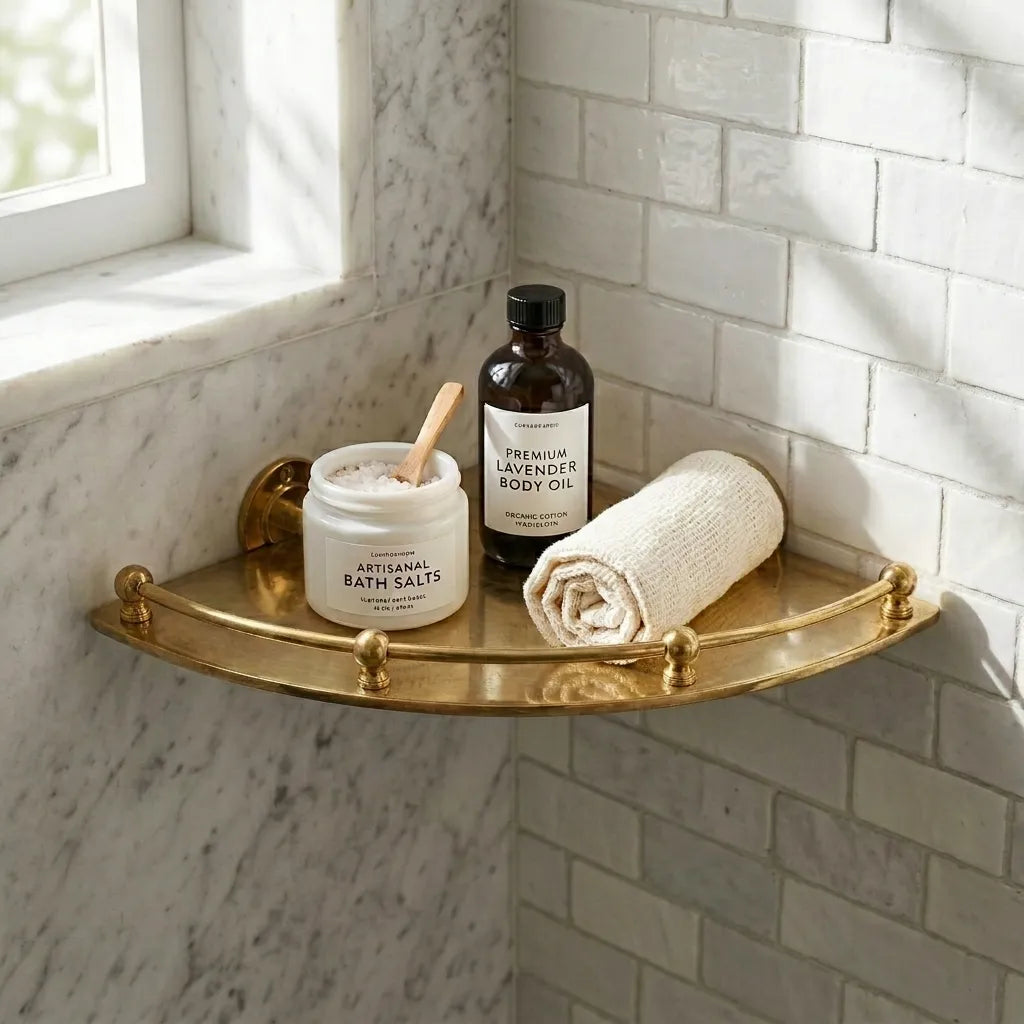 Wall mounted brass bathroom corner caddy for shower organization