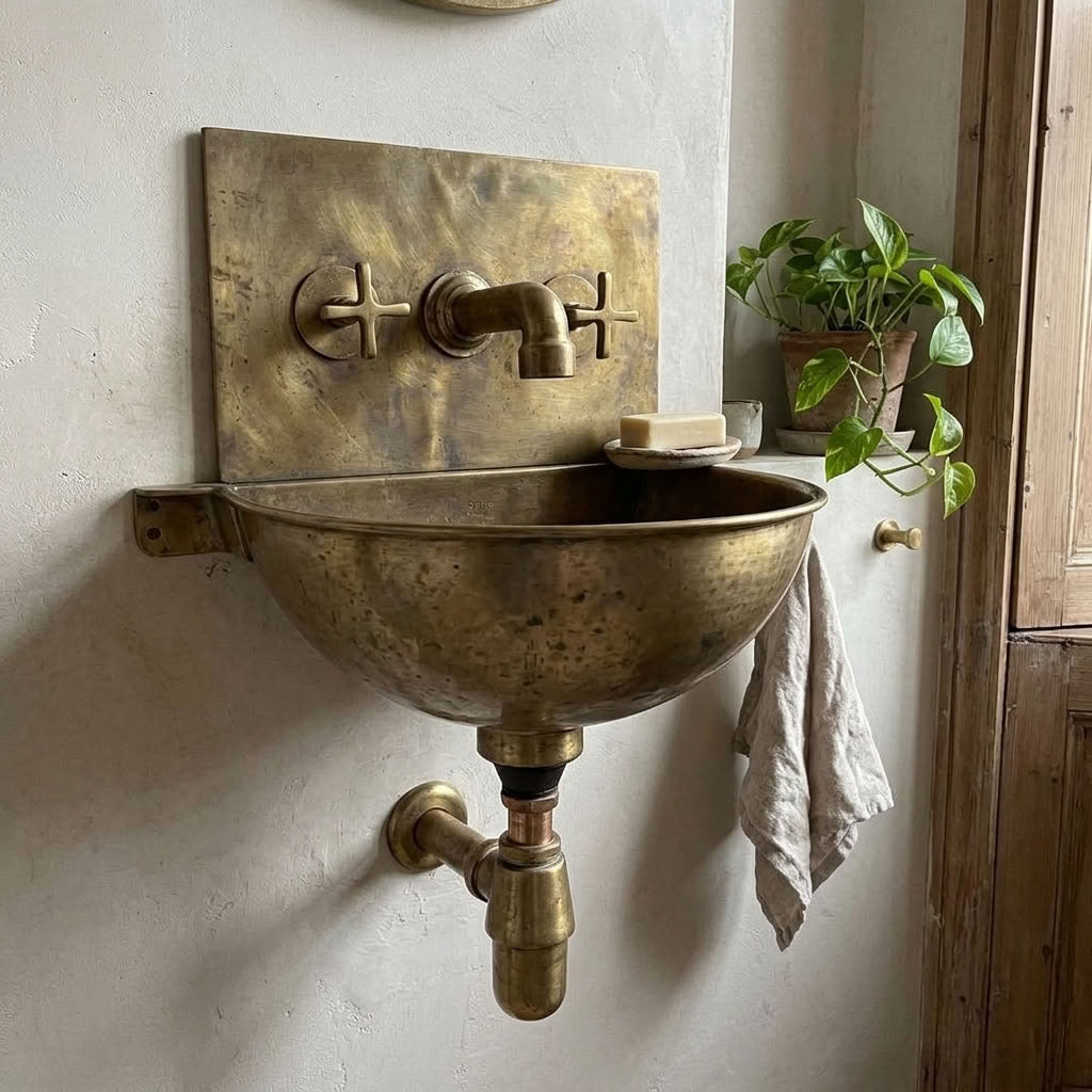 Antique Brass Wall Mounted Bathroom Sink with Hammered Back Plate & Wall Mount Faucet