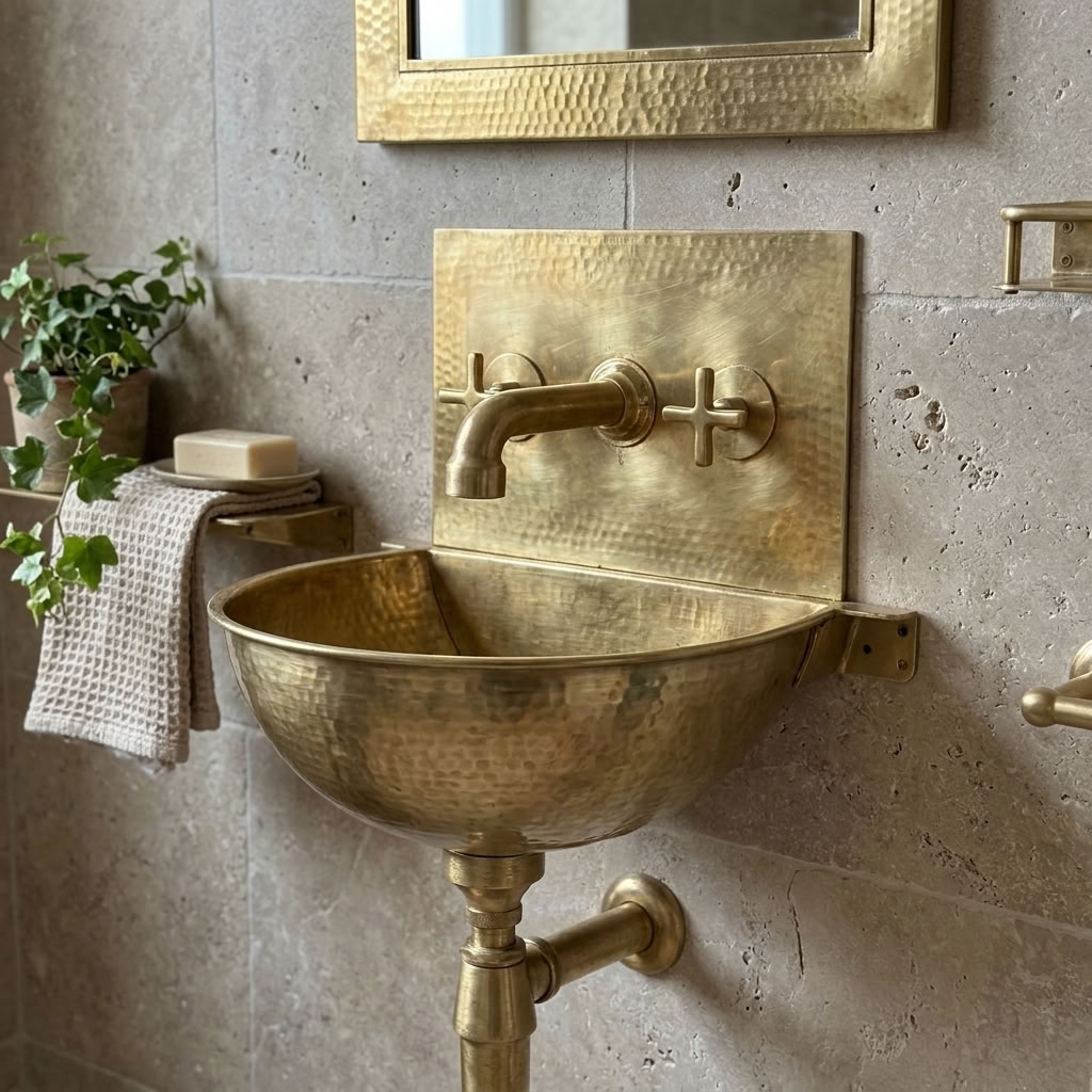 Aged hammered brass wall hung sink with brass bottle trap and wall faucet below a hammered brass mirror