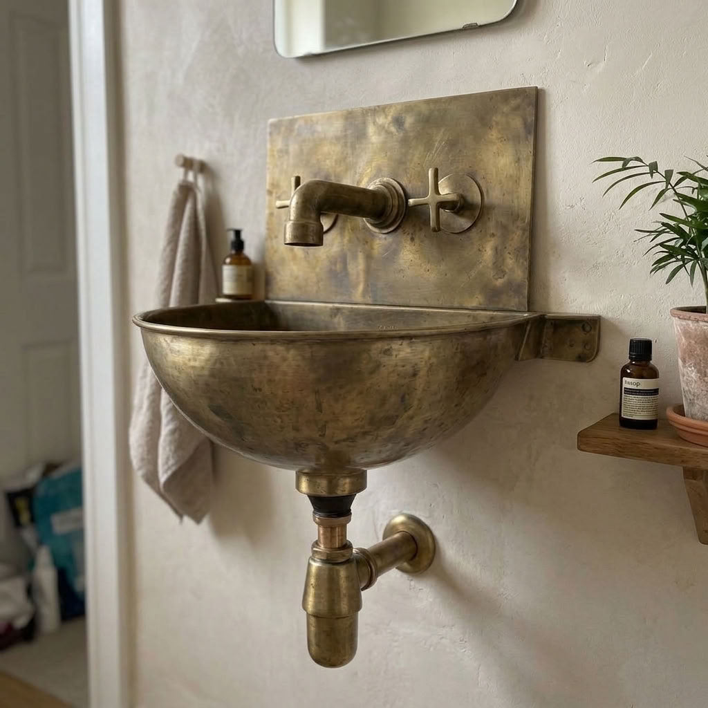 Antique Brass Wall Mounted Bathroom Sink with Hammered Back Plate & Wall Mount Faucet