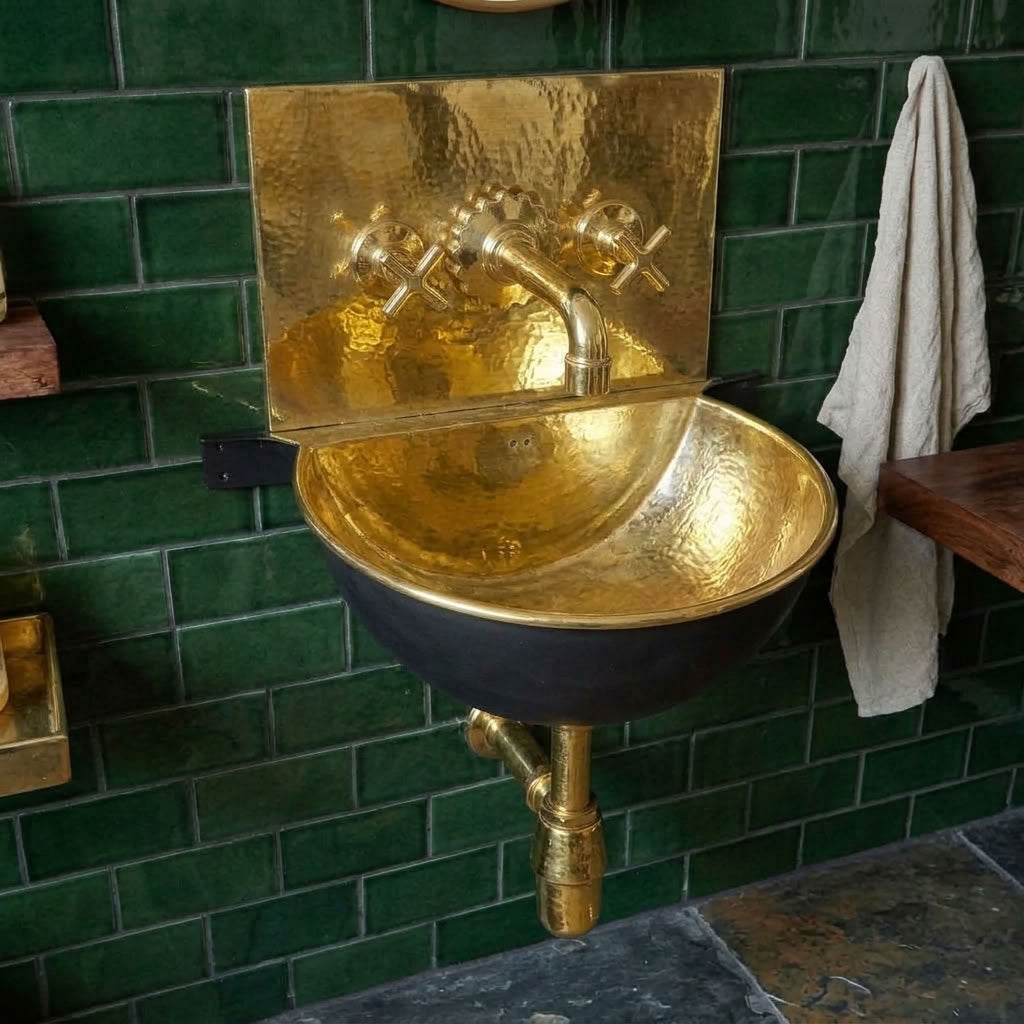 Black and gold wall mount powder room sink with hammered brass back plate and wall faucet
