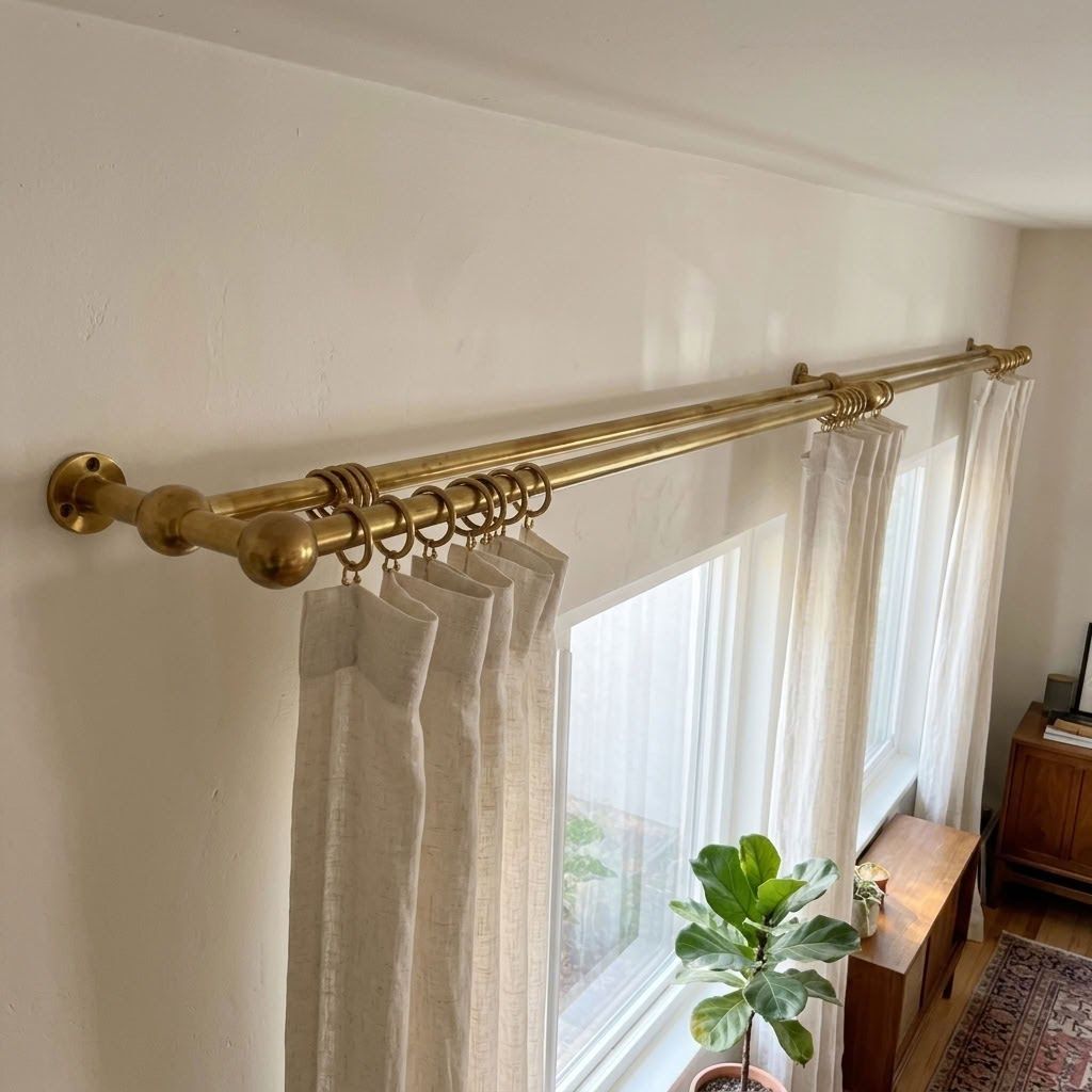 Unlacquered brass double curtain rod mounted on a wall with a sheer on the back rod and a linen curtain on the front rod, showing the bracket and centre support