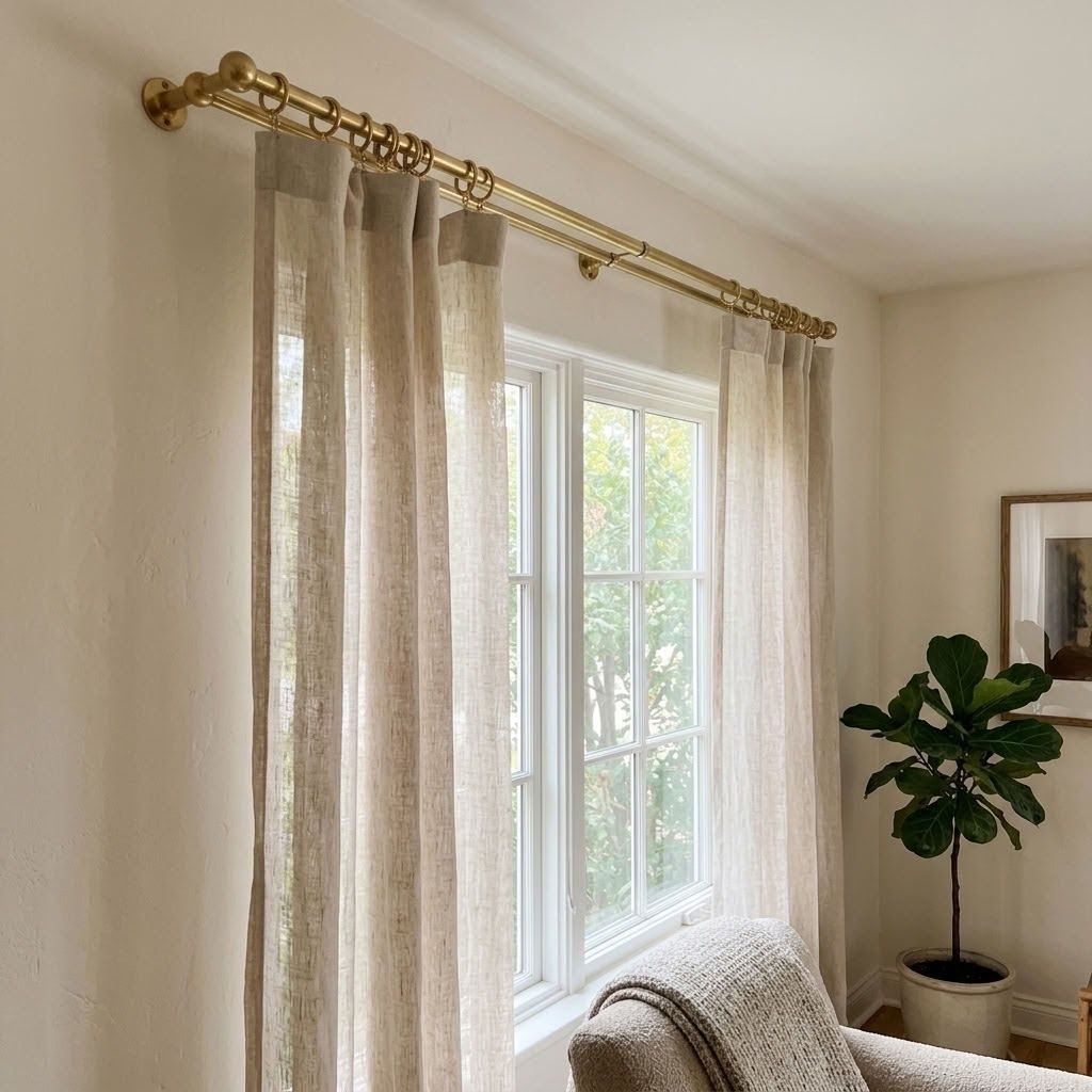 Unlacquered brass double curtain rod above a window with natural linen curtains hung on the front rod using brass eyelet rings