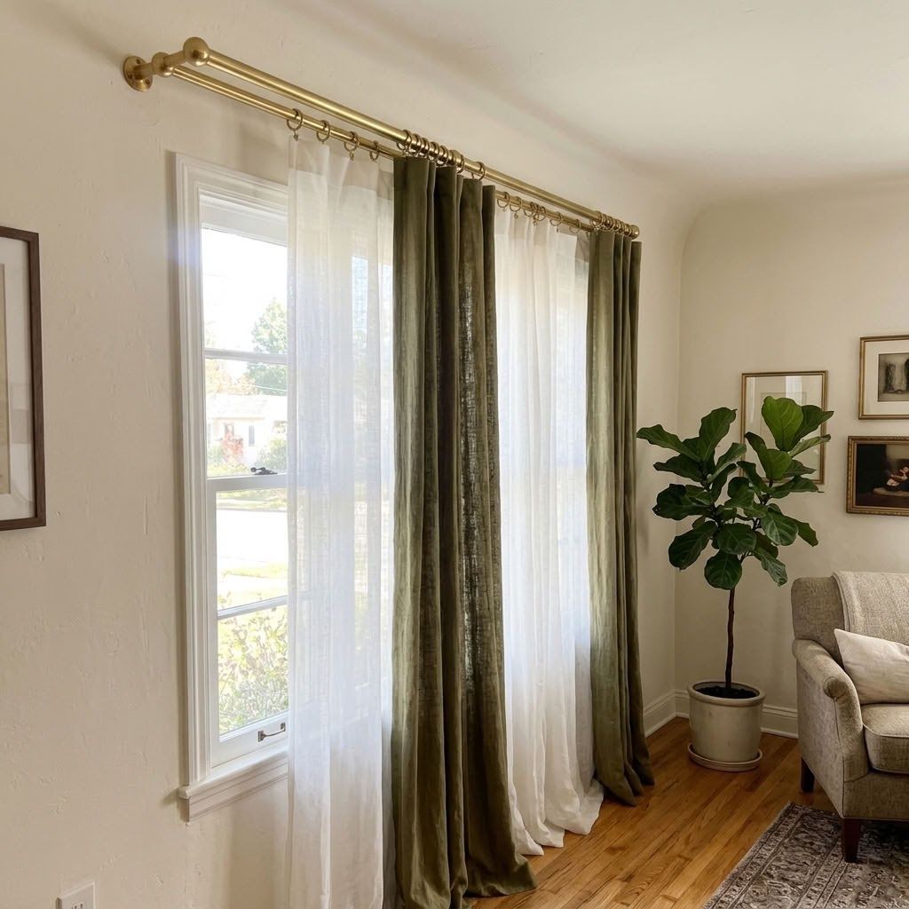 Solid brass double curtain rod in a living room with a white sheer on the back rod and olive green drapes on the front rod