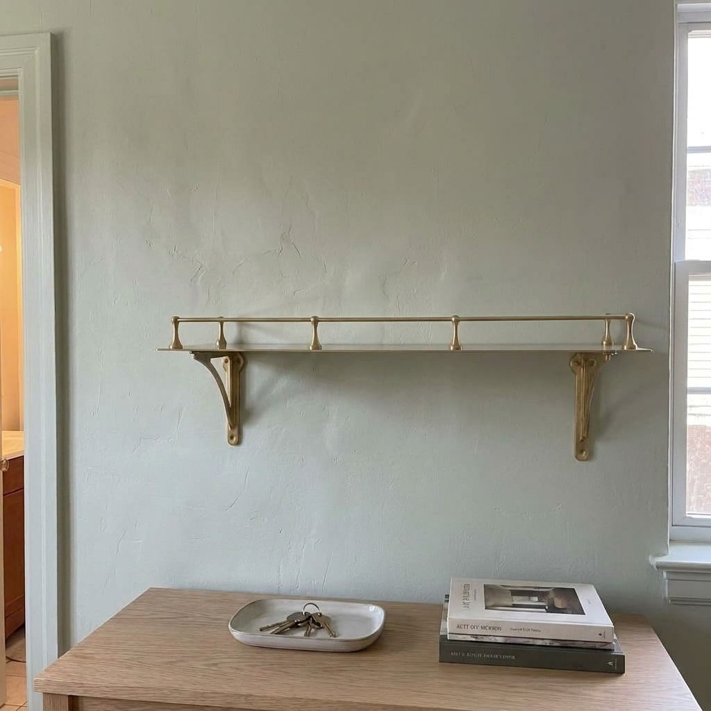 Unlacquered brass wall shelf with gallery rail on scrolled brass brackets above an oak console table