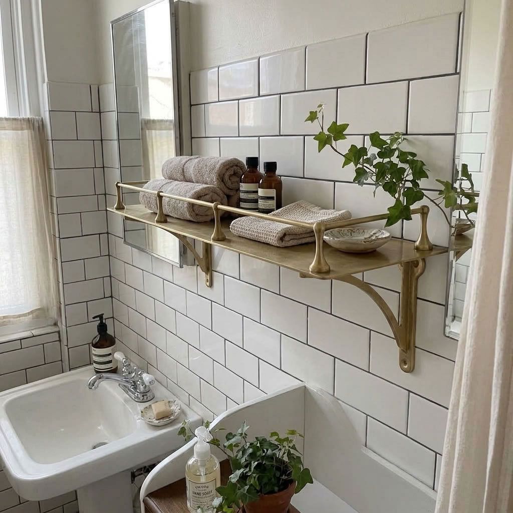 Solid brass wall shelf with gallery rail mounted above a bathroom basin, holding rolled towels and amber bottles
