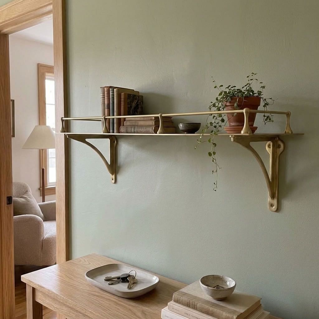 Unlacquered brass wall shelf with gallery rail holding books and a trailing plant above a console table