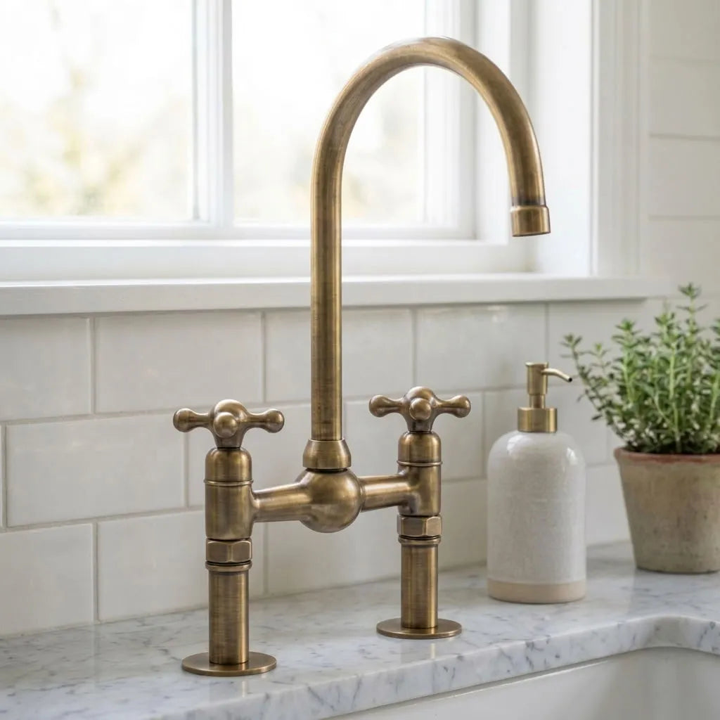 Traditional solid brass bridge faucet in an antique brass finish