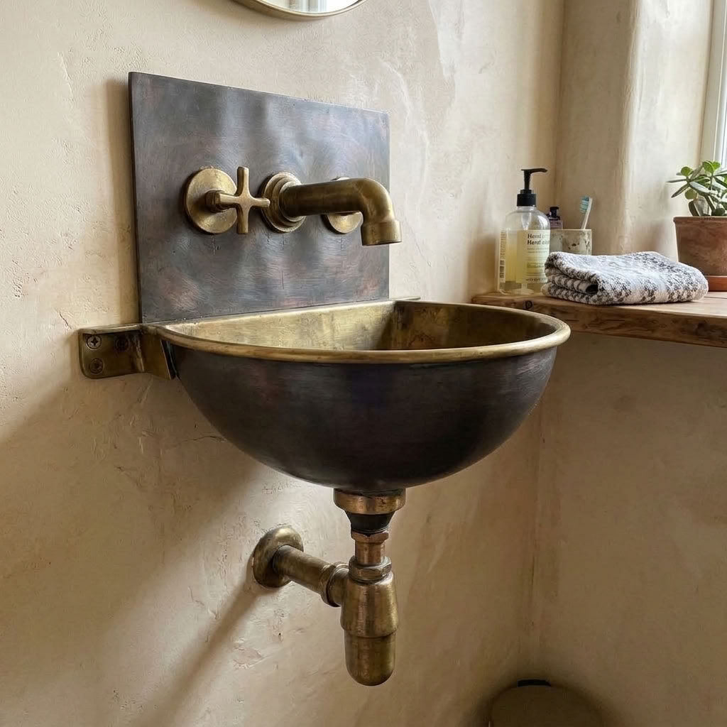 Dark bronze brass wall mount powder room sink with unlacquered brass faucet and soap ledge on back plate