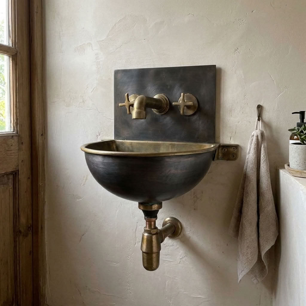 Dark patina brass wall mounted bathroom sink with hammered brass bowl, wall mount cross handle faucet and dark back plate