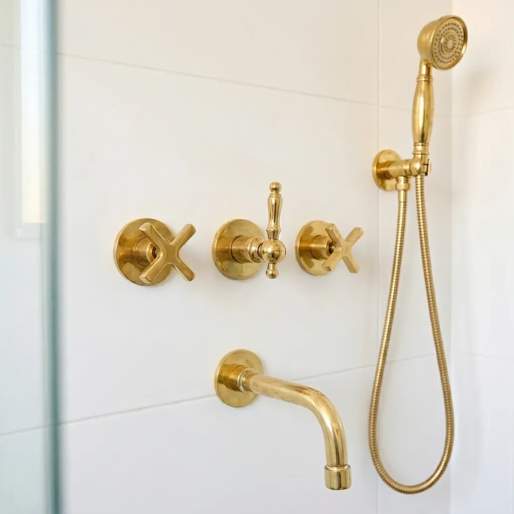 Solid brass concealed shower set featuring a ceiling-mounted rainfall shower and matching handheld shower.
