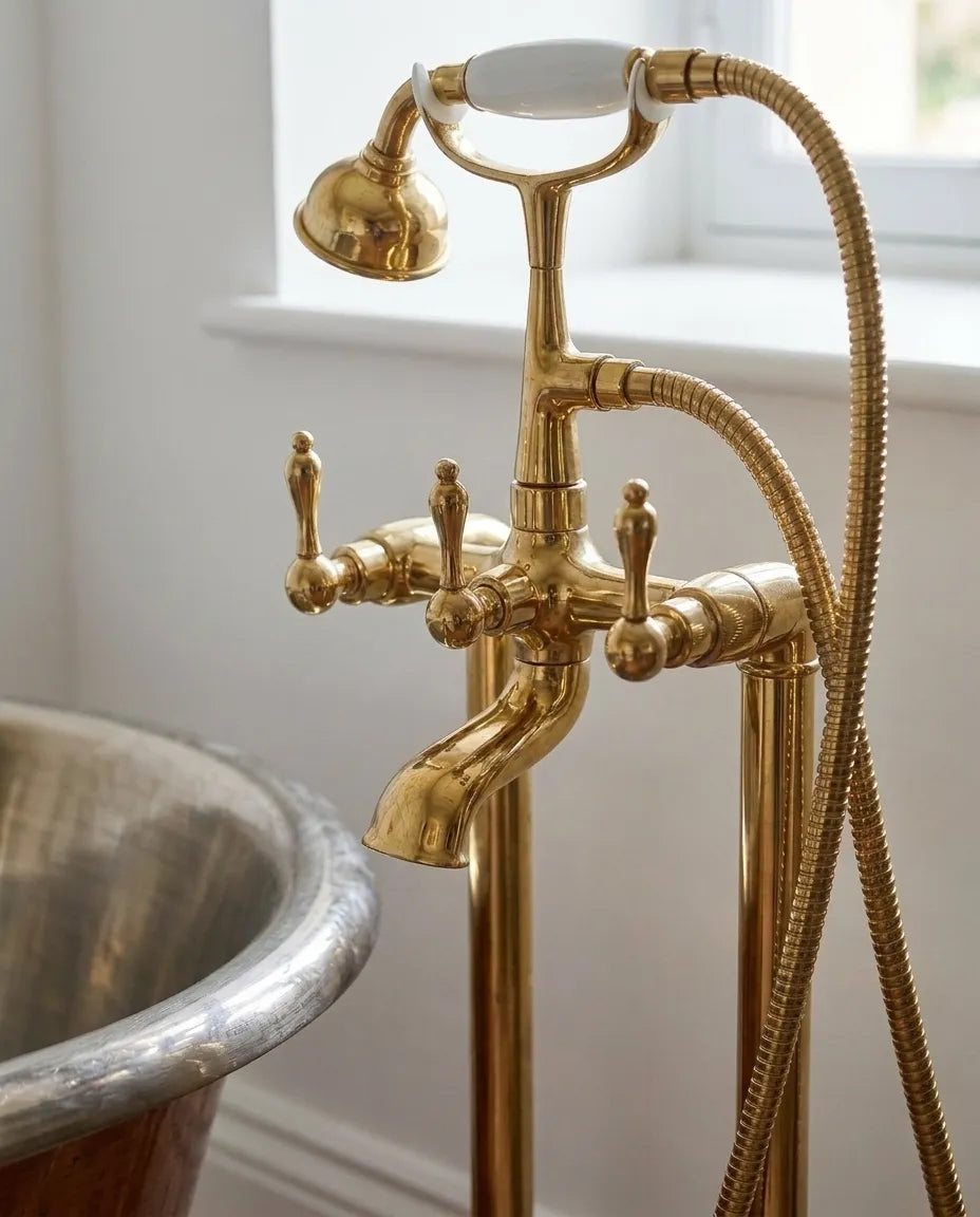 An antique-style brass bathtub faucet with a handheld shower hose, white ceramic handle, and lever handles, shown next to a metal tub in a bright bathroom setting.
