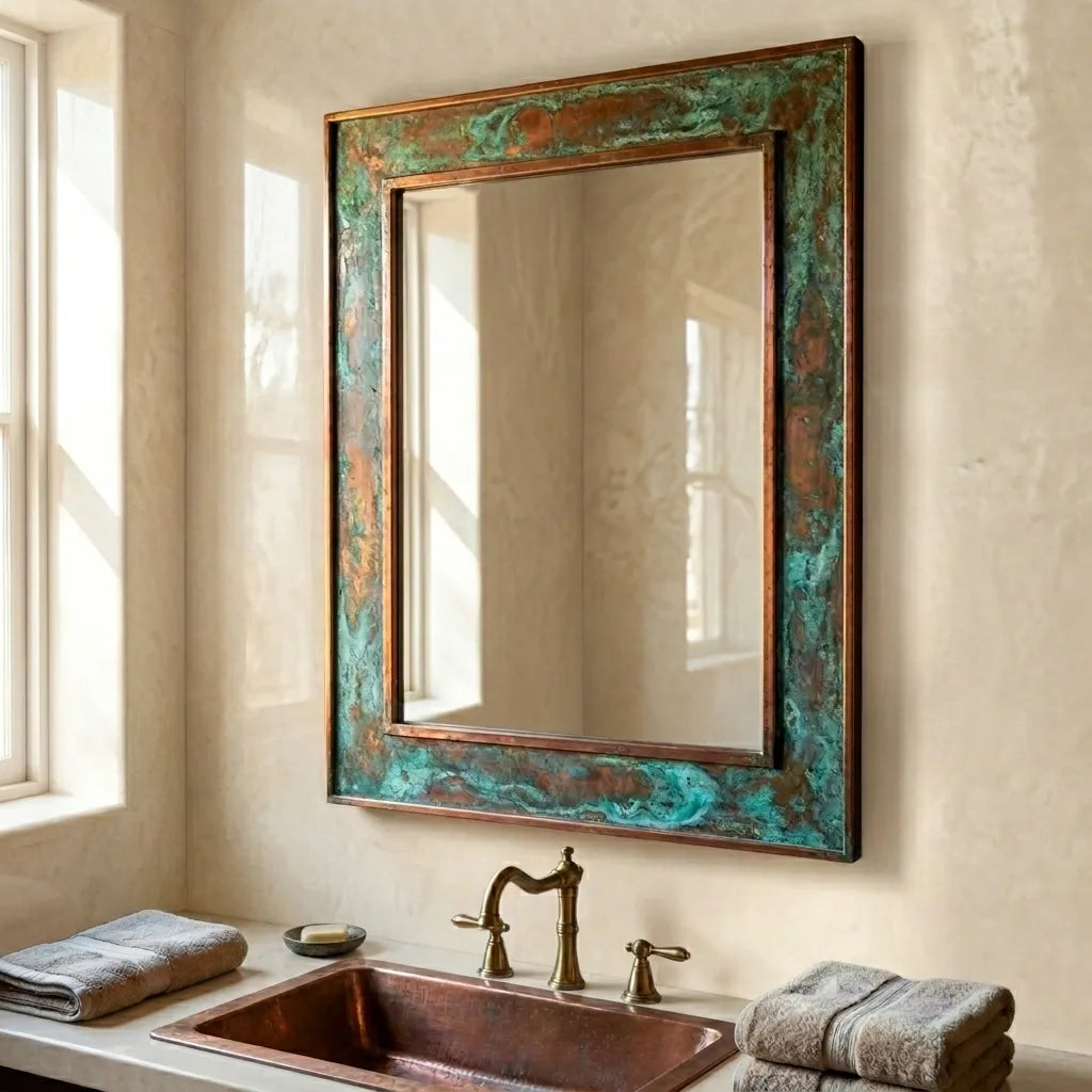 Verdigris Copper Wall Mirror Above Hammered Copper Sink with Vintage Brass Faucet