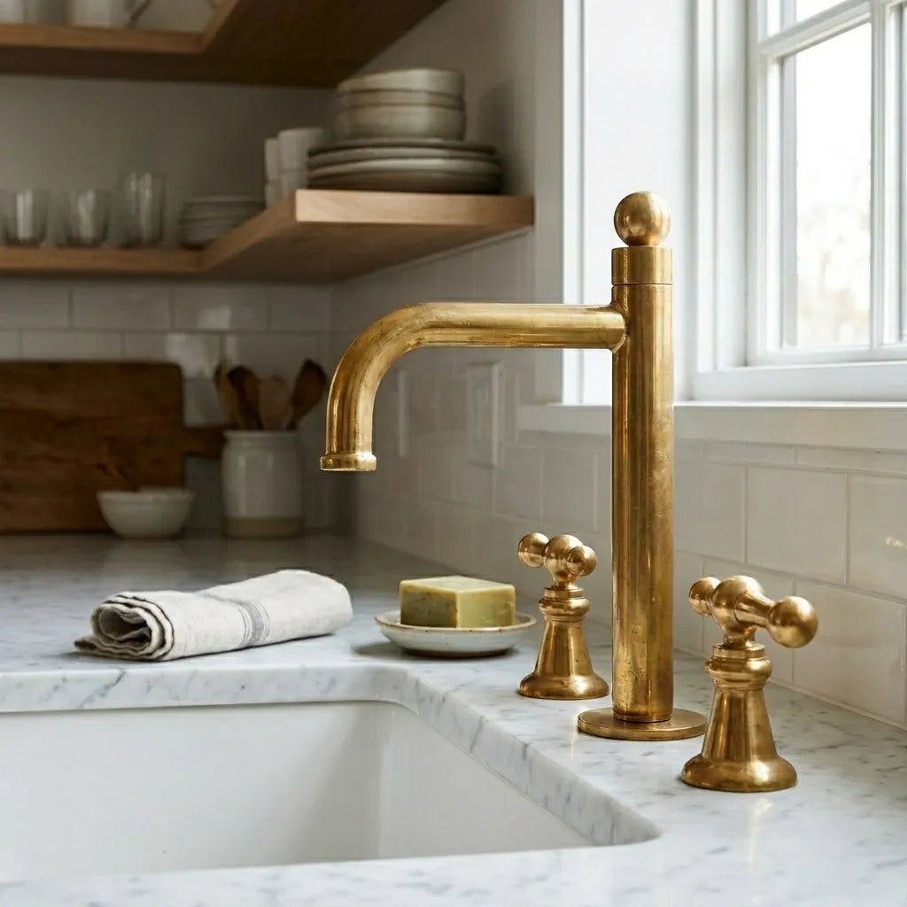 Unlacquered brass widespread faucet with squared bridge spout and decorative lever handles on a marble countertop