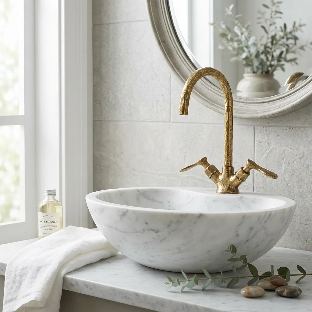 Handmade textured brass sink faucet featuring a curved gooseneck spout and artisan hammered finish for luxury bathrooms