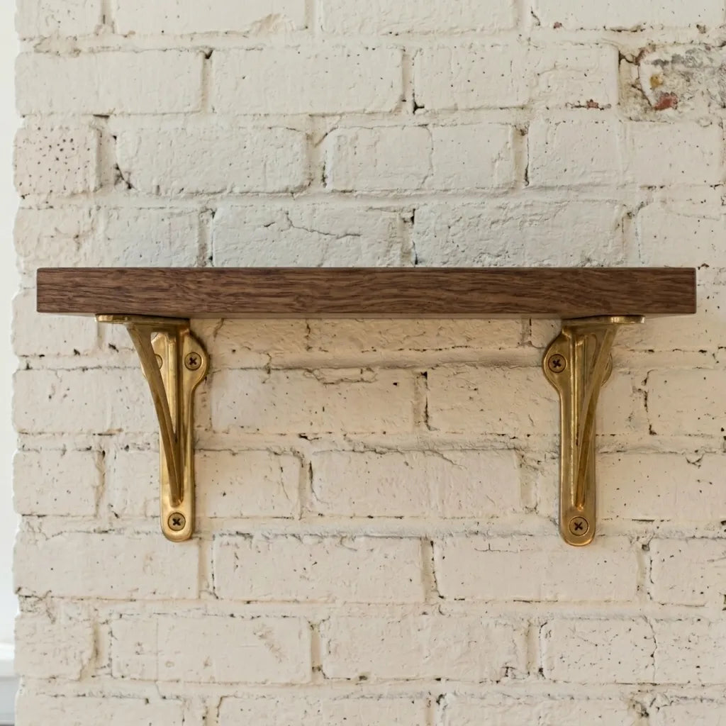 Heavy duty brass shelf supports featuring architectural detailing and wall mounted installation for bespoke storage solutions