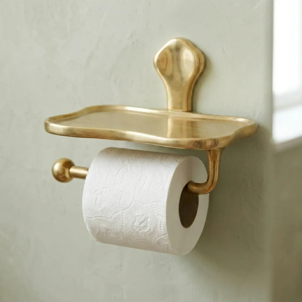 Solid brass toilet paper holder with storage shelf mounted on bathroom wall in a warm unlacquered brass finish