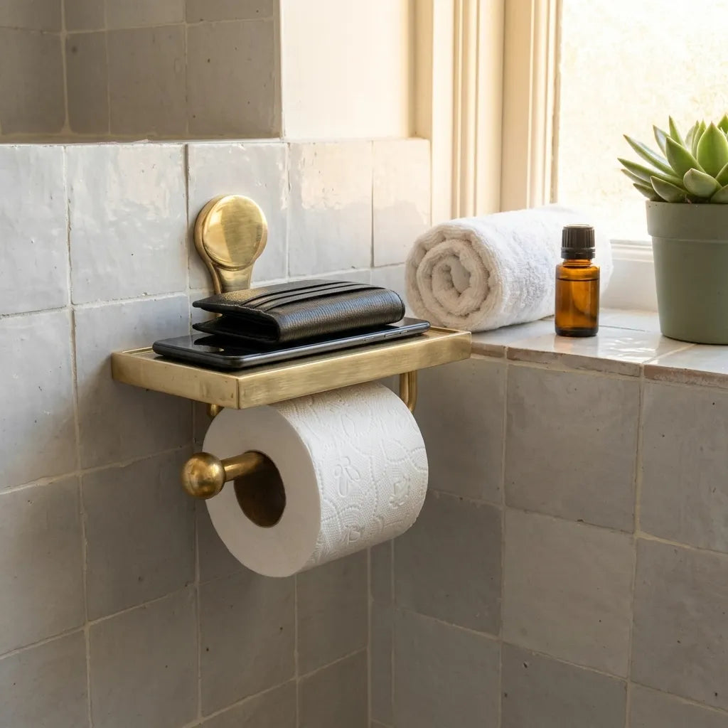 Handmade brass toilet paper dispenser with built in shelf mounted against tiled bathroom wall