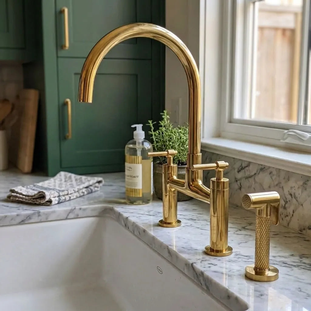 A polished brass three-hole kitchen faucet with a high-arc spout, two lever handles, and a matching handheld sprayer, installed on a white marble sink countertop in a kitchen with green cabinets.