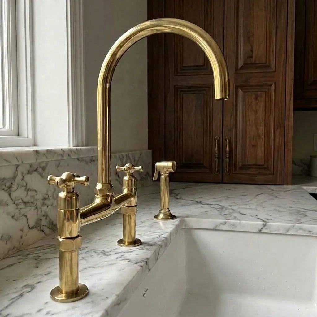 Two-Hole Brass Bridge Kitchen Faucet with Cross Handles