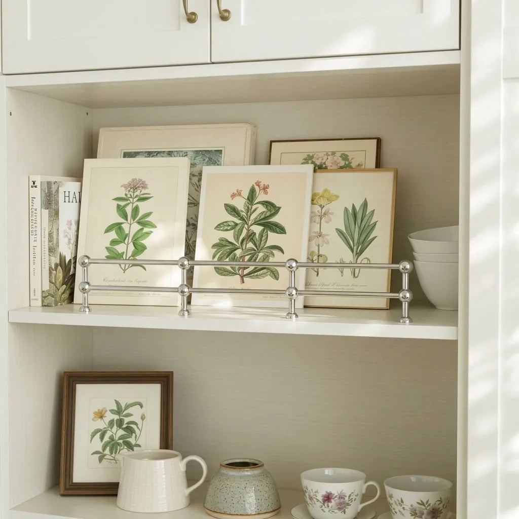 Solid brass sphere gallery rail in a polished chrome finish installed on open shelving