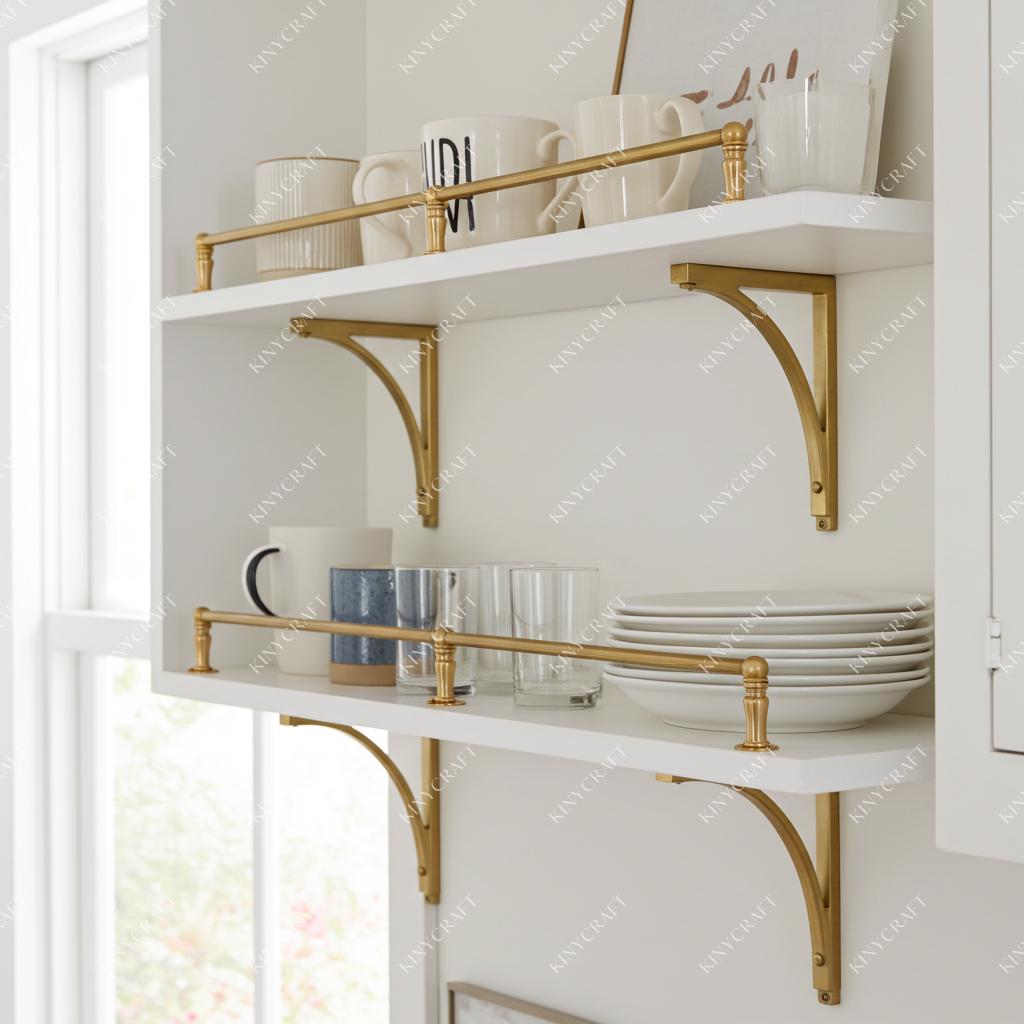 Unlacquered brass cabinet shelf guard for displaying glasses and kitchen decor.