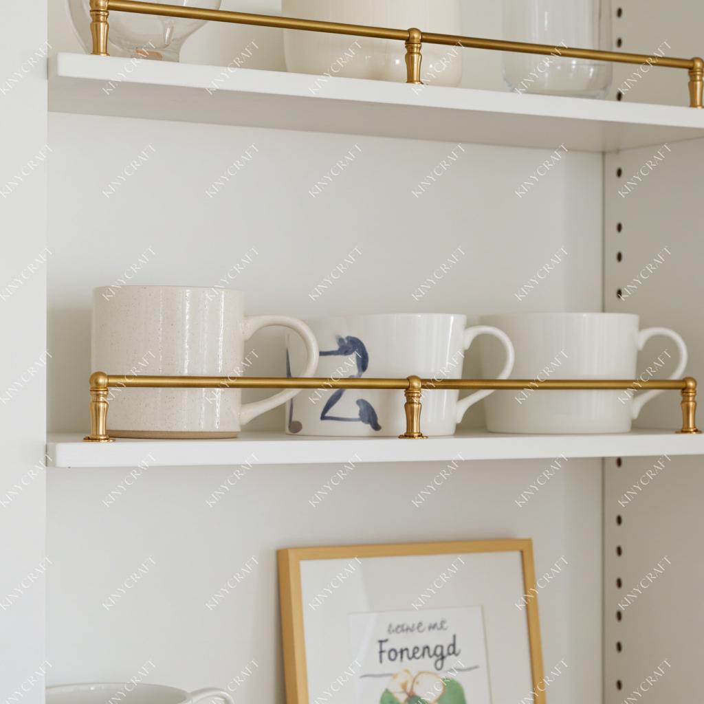 Artisan unlacquered brass shelf rail for kitchen cabinet and pantry shelving.