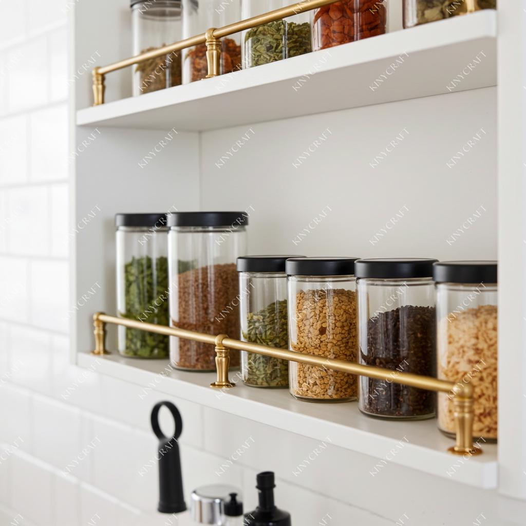 Solid brass shelf retaining rail mounted on a modern open storage shelf.
