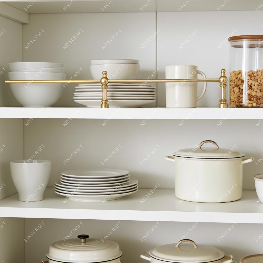 Solid brass shelving rail with ornamental posts inside custom kitchen cabinetry.