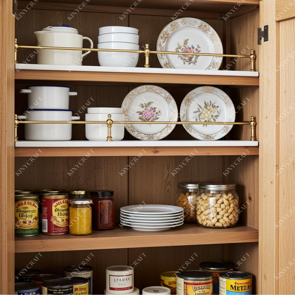 Decorative brass shelf rail with turned supports for plate and glassware storage.