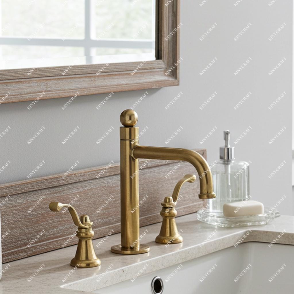 Traditional brass sink faucet featuring a curved spout and separate hot and cold handles.