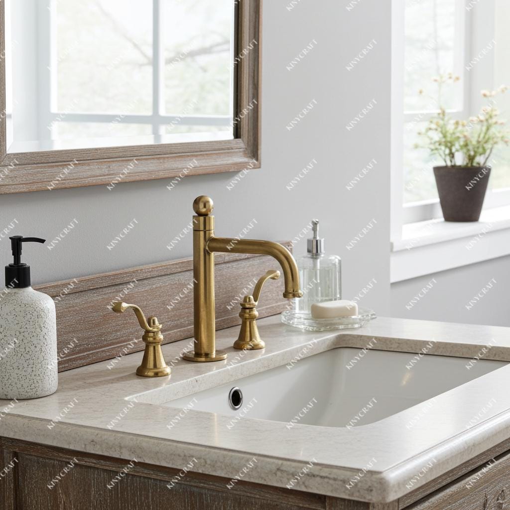 Luxury brass bathroom tap mounted on a wooden countertop with ceramic basin.